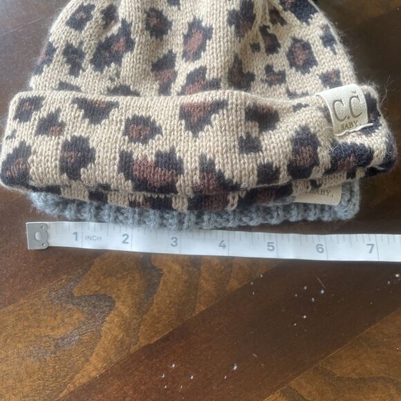 C. C Baby Pom Pom Beenie Hats Leopard Print And Solid Grey - Picture 12 of 12